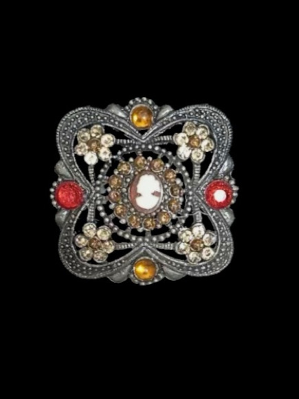 Vintage-Inspired Silver Cameo Floral Statement Ring with Red and Amber Accents